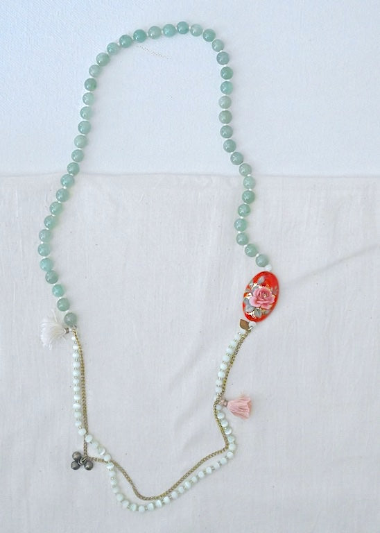 Amelia, Aventurine Semi Precious Beads, Japanese Bead & Brass Beaded Necklace - kinchecom