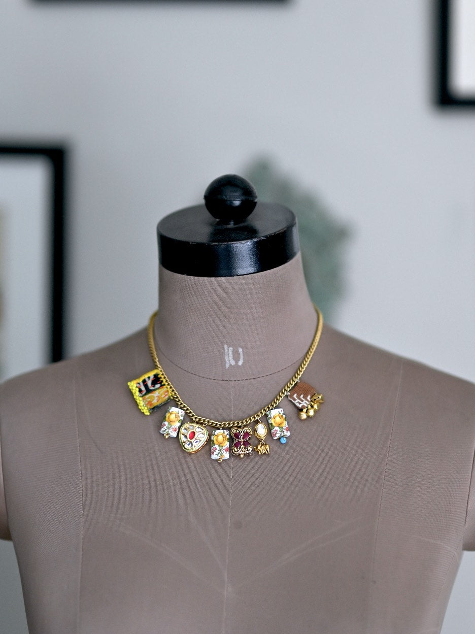 Audrey, Kundan, Japanese Beads, Brass & Phulkari Fabric Bead Necklace, Handmade - kinchecom