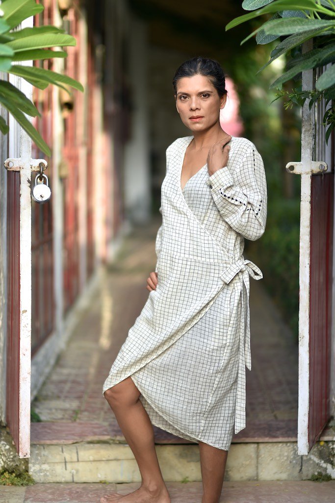 M, Vancouver/Organic Kala Cotton Wrap Cocoon Dress/Hand Embroidered at sleeves - kinchecom