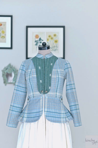 Small, Rose Kantha Short Jacket in Light Blue Check and Contrast back - kinchecom