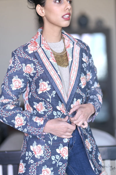 Sol, Sustainably Made with Vintage Kantha Quilt, Unisex Blazer in Size/Bust 34 Inches - kinchecom