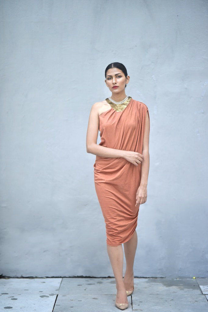 Salvador, Cold Shoulder Organic Cotton Lycra Drape Dress, Rust Color - kinchecom
