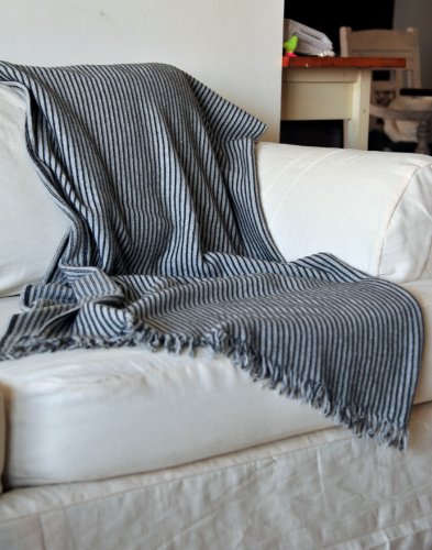 Artemis, Knitted Pure Lambs Wool Throw in Grey & Black Stripes 50X70 inches - kinchecom