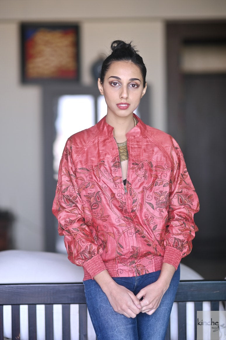 Diana, Hand Embroidered Tussar Silk Bomber with Organic Cotton Lining, Medium - kinchecom
