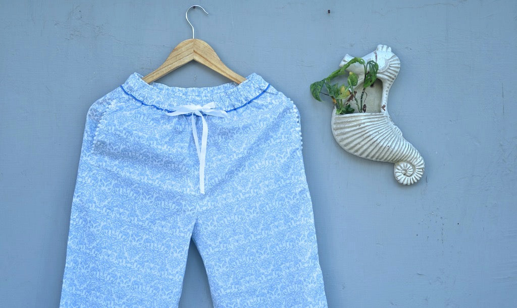 Ila, White and Blue Floral Print jammies with Pom Poms - kinchecom