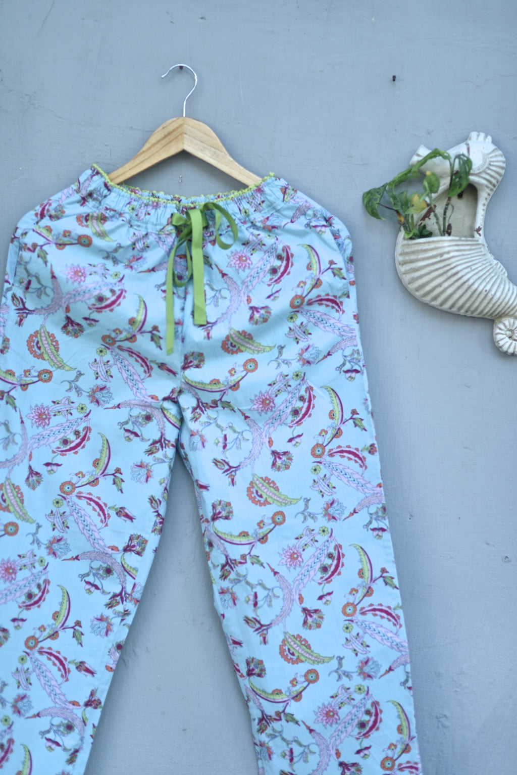 Hina, Pure Cotton Blue & Pink Floral Print Pajama with Green Lace and Pom Pom at bottom - kinchecom