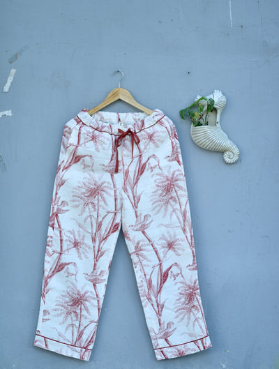 Jord, Pure Linen Cream Pajamas with Currant Color Bird Print with Pom Poms - kinchecom