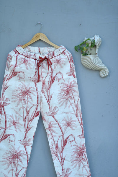 Jord, Pure Linen Cream Pajamas with Currant Color Bird Print with Pom Poms - kinchecom