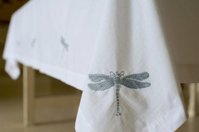 Hand Embroidered Grey Dragon Fly Tablecloth for 6-8 Seating 96X60 Inches - kinchecom