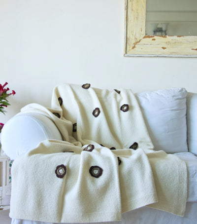 Enyo, Pure Wool, Lambs Wool Knitted Throw/ Blanket With Crochet Flowers 50X70 inches - kinchecom