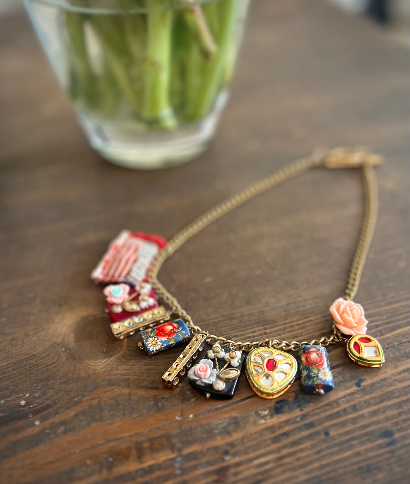 Genevive, Kundan, Japanese Beads, Brass, Fabric Beads & Vintage Handmade Beads Necklace - kinchecom