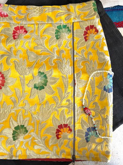 Firdaus, Yellow Gyasar Silk Skirt, Hand Woven in Size Small - kinchecom