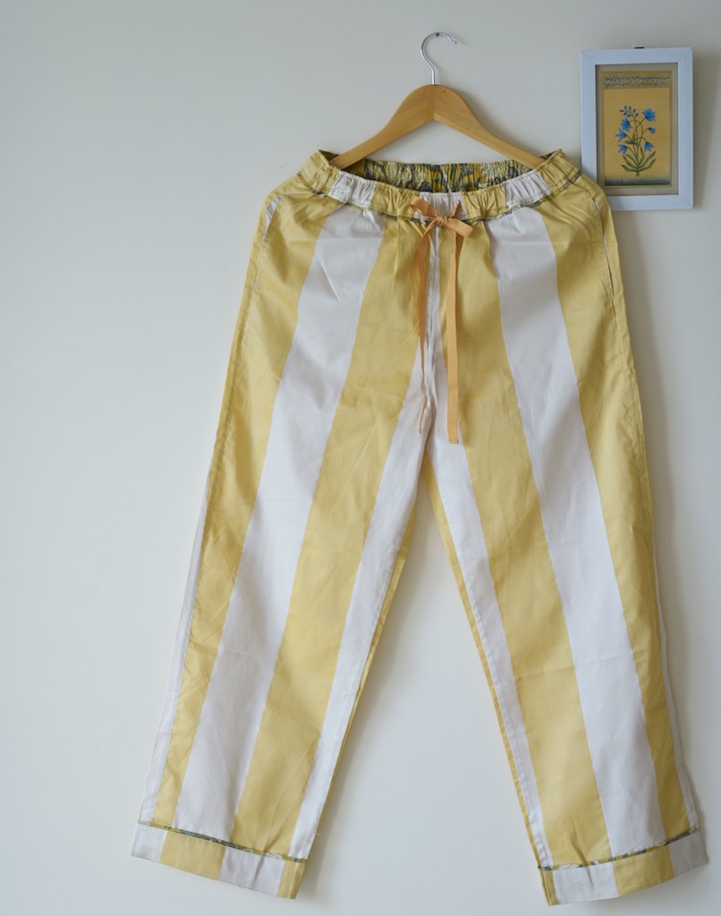 Aspen, Off White and Yellow Stripes Silk & Cotton Pajama