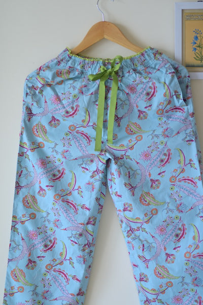Hina, Pure Cotton Blue & Pink Floral Print Pajama with Green Lace and Pom Pom at bottom - kinchecom